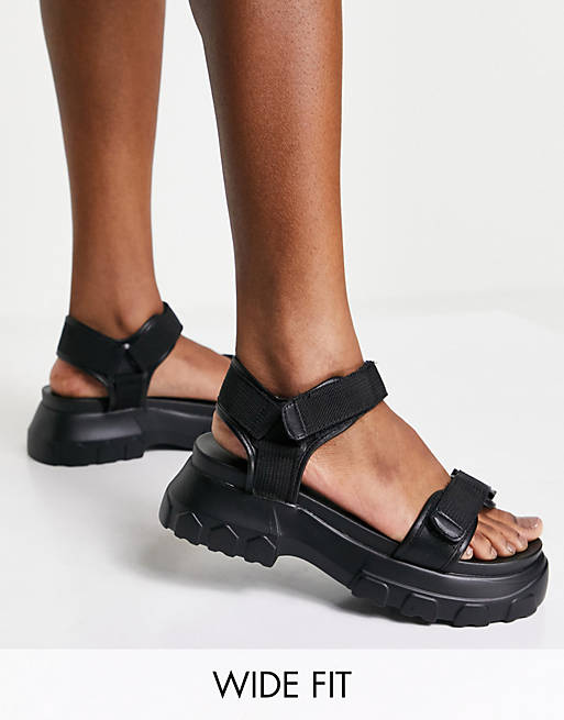 ASOS DESIGN Wide Fit Fly By chunky sporty sandals in black