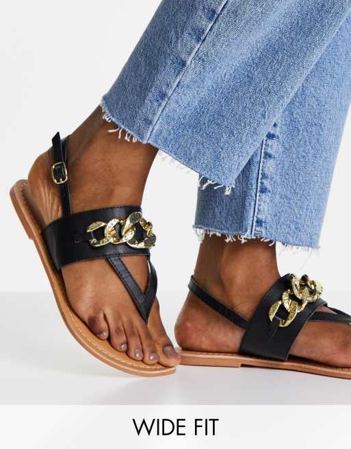 ASOS DESIGN - Wide Fit Foliage - Sorte lædersandaler med kæde og tårem