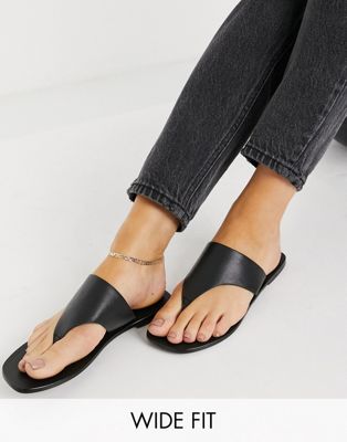 ASOS DESIGN Wide Fit Folly leather toe thong sandals in black