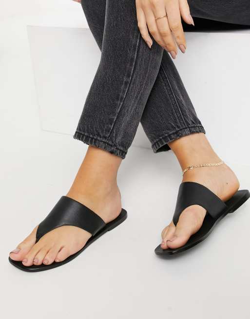 ASOS DESIGN Wide Fit Folly leather toe thong sandals in black