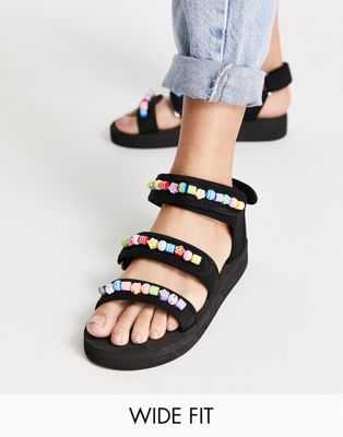 ASOS DESIGN Wide Fit Forget Me Not sporty sandals with beads in black