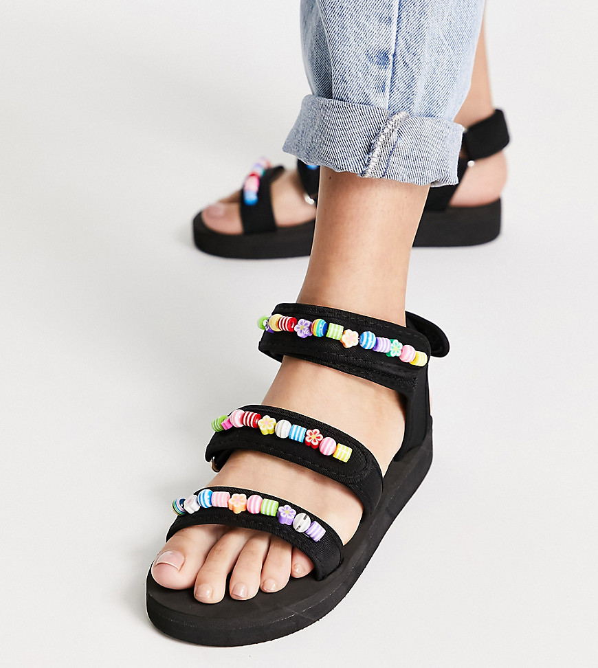 ASOS DESIGN Wide Fit Forget Me Not sporty sandals with beads in black-Multi