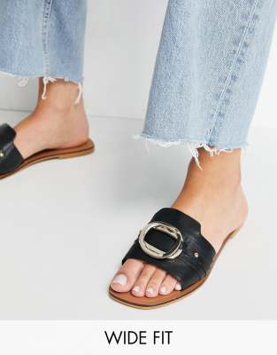 ASOS DESIGN Wide Fit Formal leather sandals with trim in black