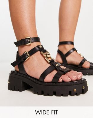 Shop Asos Design Wide Fit Forrest Leather Strappy Chunky Flat Sandals In Black