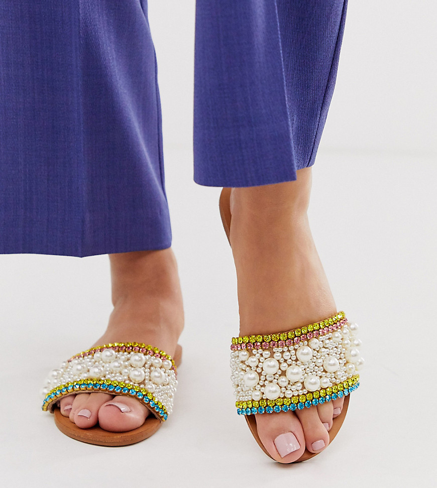 ASOS DESIGN Wide Fit Fragment embellished flat sandals-Multi
