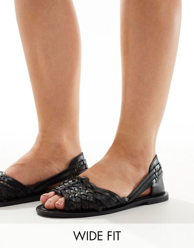 ASOS DESIGN Wide Fit Francis leather woven flat sandals in black