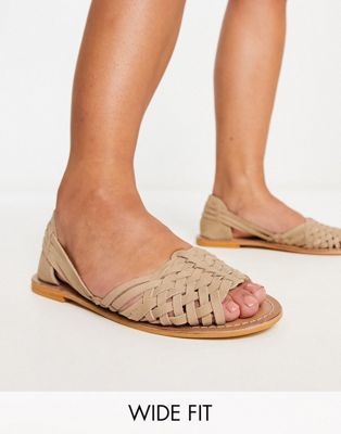 Asos Design Wide Fit Francis Leather Woven Flat Sandals In Taupe-neutral
