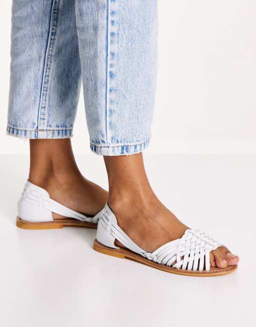 ASOS DESIGN Wide Fit Francis leather woven flat sandals in white