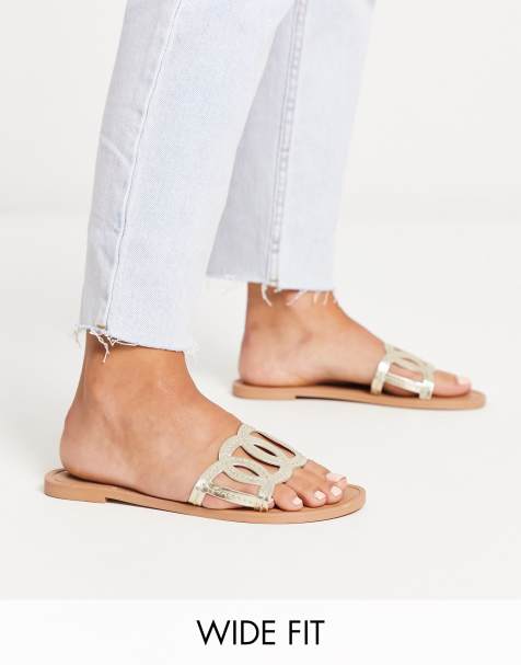 ASOS DESIGN Wide Fit Fiery cross strap flat sandals with diamante in pink