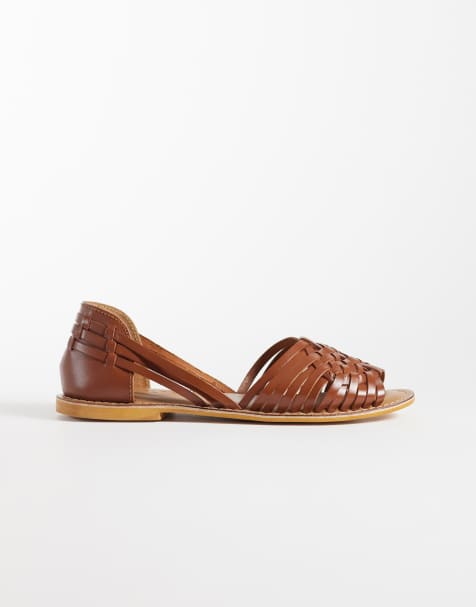 ASOS DESIGN Wide Fit – Fray – Flache Ledersandalen im Webdesign in Hellbraun, weite Passform - view 1
