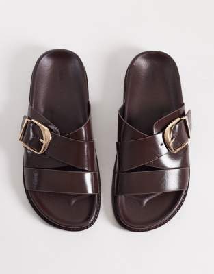 Asos Design Wide Fit Freeway Double Strap Slides In Brown