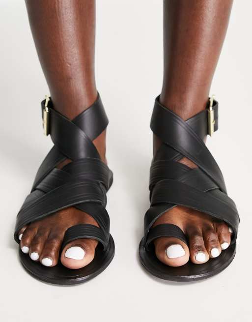 ASOS DESIGN Wide Fit Fudge leather flat sandals in black