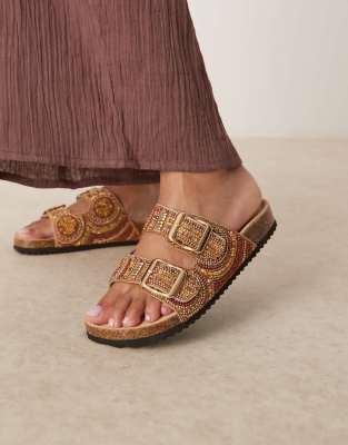  Wide Fit Funky beaded double strap flat mules in amber