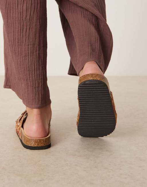 ASOS DESIGN Wide Fit Funky beaded double strap flat sandals in amber