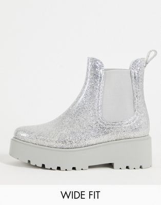 ASOS DESIGN Wide Fit Gadget chunky chelsea rain boots in silver glitter
