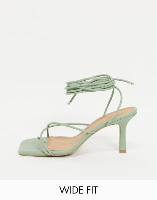 Asos Design Wide Fit Hailey Strappy Tie Leg Mid Heel Sandals In