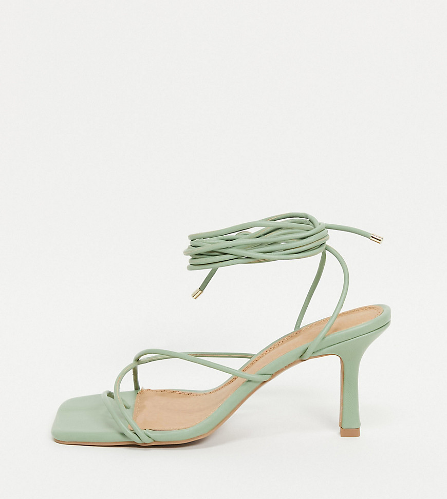 ASOS DESIGN Wide Fit Hailey strappy tie leg mid heel sandals in sage-Green