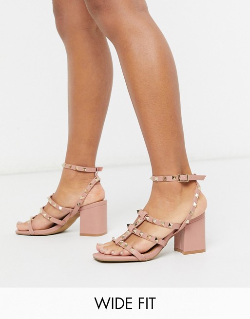 ASOS DESIGN Wide Fit Haiti studded blocked heeled sandals in beige