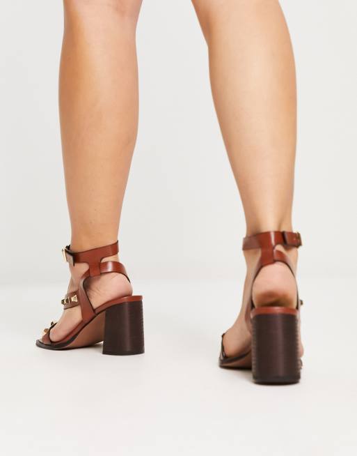 ASOS DESIGN Wide Fit Halter studded mid heeled sandals in tan ASOS