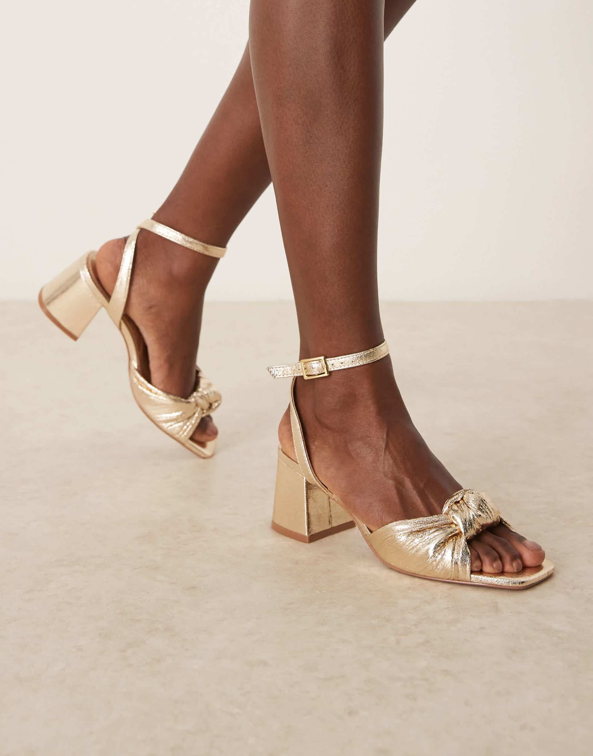 asos design wide fit hansel knotted mid heeled sandals in gold