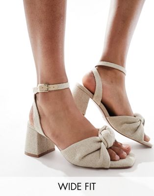 ASOS DESIGN Wide Fit Hansel knotted mid heeled sandals in natural fabrication