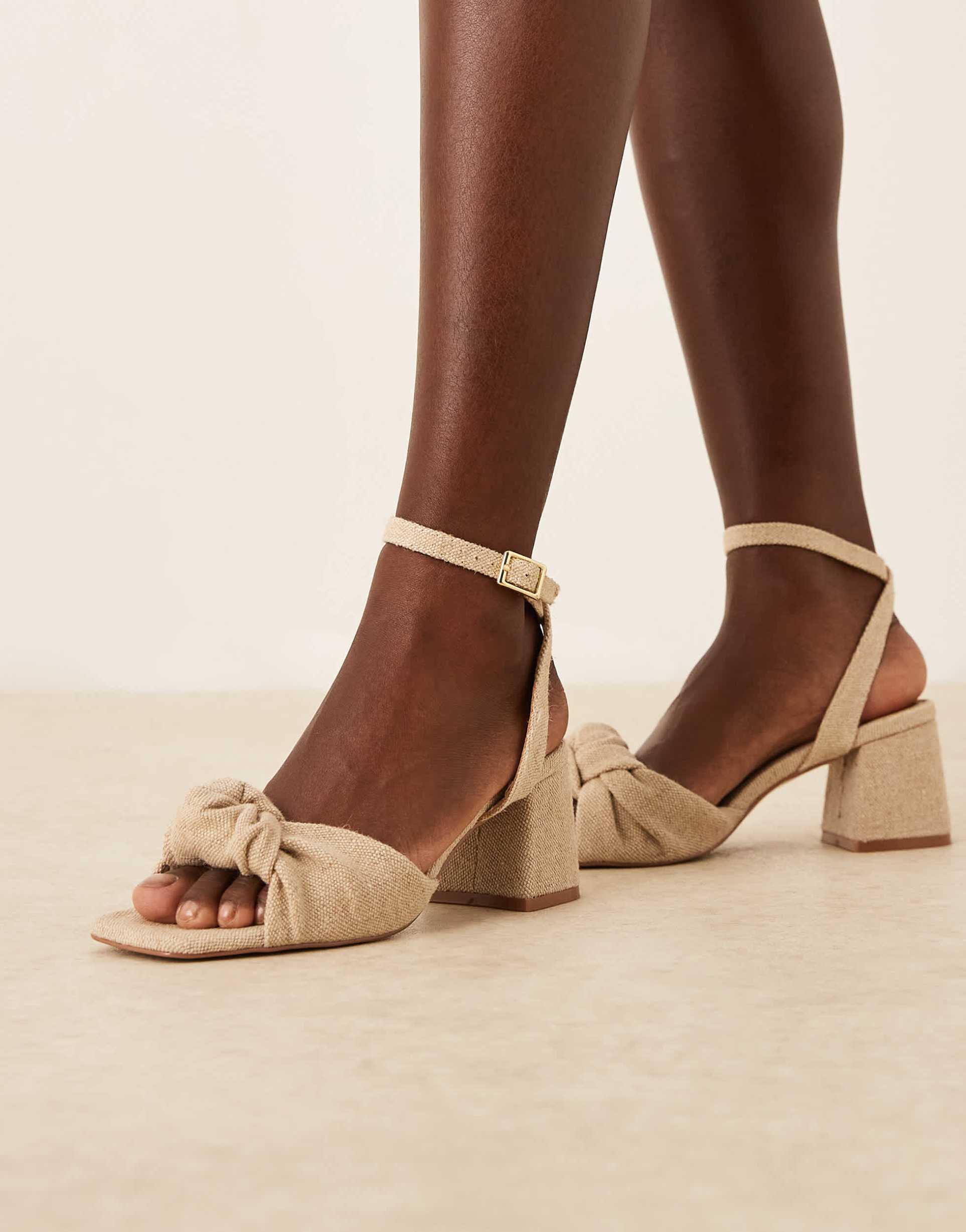 asos design wide fit hansel knotted mid heeled sandals in natural fabrication