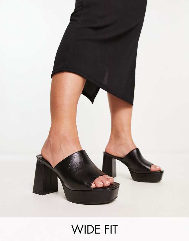 ASOS DESIGN Wide Fit Harmonize mid heeled platform mules in black