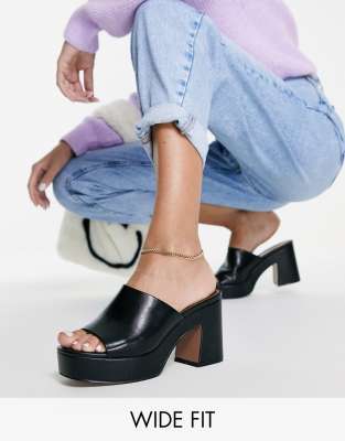 ASOS DESIGN Wide Fit Harmony mid heeled platform mules in black