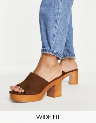 ASOS DESIGN Wide Fit Harmony mid heeled platform mules in tan