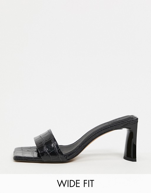 ASOS DESIGN Wide Fit Hasty premium leather mid-heeled mules in black croc