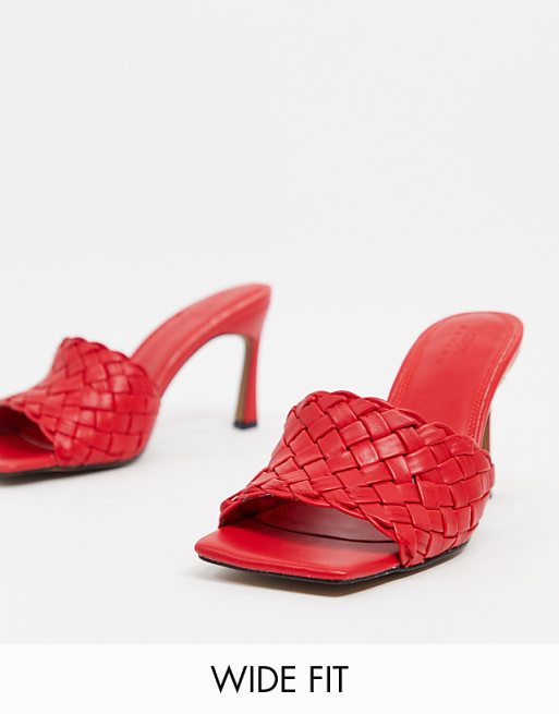 ASOS DESIGN Wide Fit Hattie mid-heeled mule sandals in red weave | ASOS