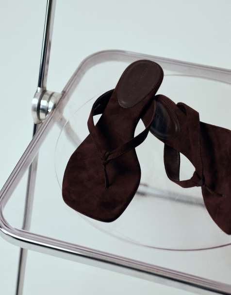 ASOS DESIGN Wide Fit Havana toe thong kitten heel sandals in chocolate suedette - view 1