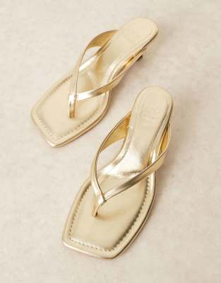 Asos Design Wide Fit Hawaii Toe Thong Kitten Heeled Sandals In Gold