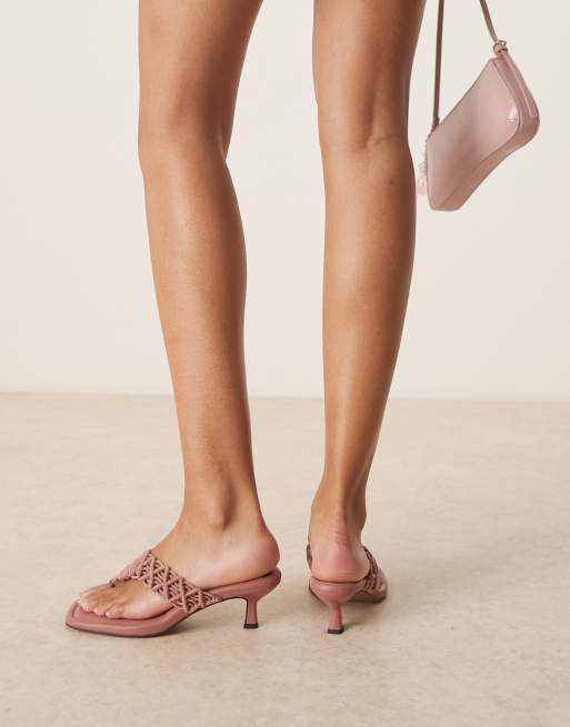 ASOS DESIGN Wide Fit Hawaii woven kitten heeled flip flops in taupe crochet