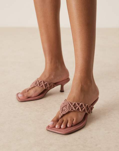 ASOS DESIGN Wide Fit Hawaii woven toe thong kitten heel sandals in taupe suedette - view 1