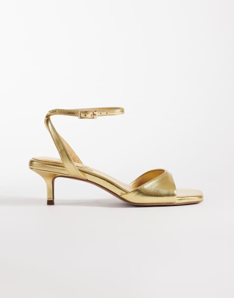 ASOS DESIGN Wide Fit Heartfelt barely there kitten heel sandals in gold - view 1