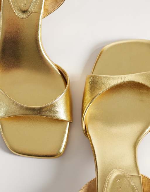 ASOS DESIGN Wide Fit Heartfelt barely there kitten heel sandals in gold, 2 of 4