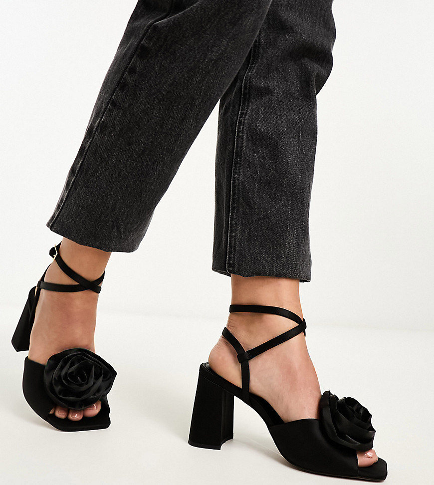 ASOS DESIGN Wide Fit Heather corsage mid heeled sandals in black