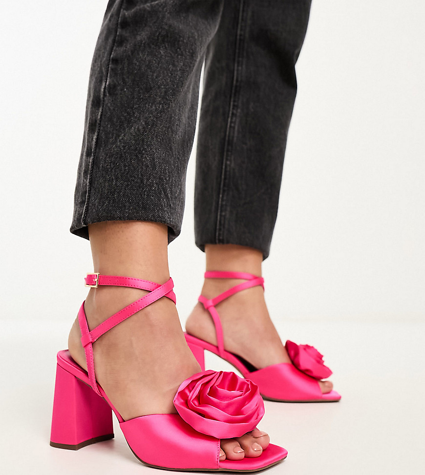 Asos Design Wide Fit Heather Corsage Mid Heeled Sandals In Pink