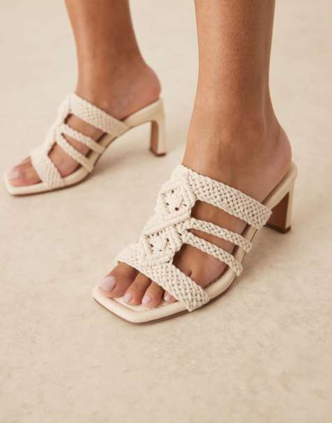 ASOS DESIGN Wide Fit Heidi weave detail mid heeled mules in off-white - view 1