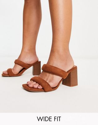 ASOS DESIGN Wide Fit Height padded mid heeled mules in tan-Brown