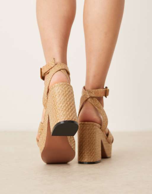 ASOS DESIGN Wide Fit Henley platform mid heeled sandals in natural raffia