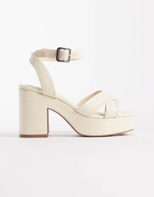 ASOS DESIGN Wide Fit Henley platform mid heeled sandals in off-white raffia effe