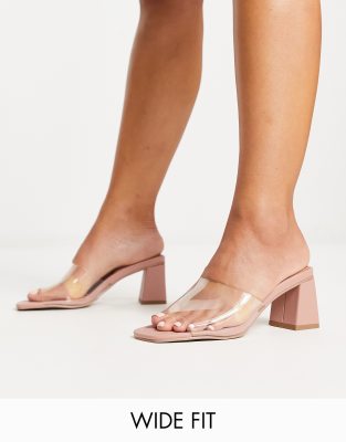 Asos Design Wide Fit Hero Block Heeled Mules In Clear