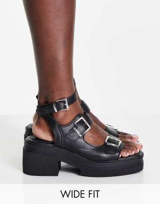 Asos Design Wide Fit Heston Chunky Mid Heeled Sandals In Black