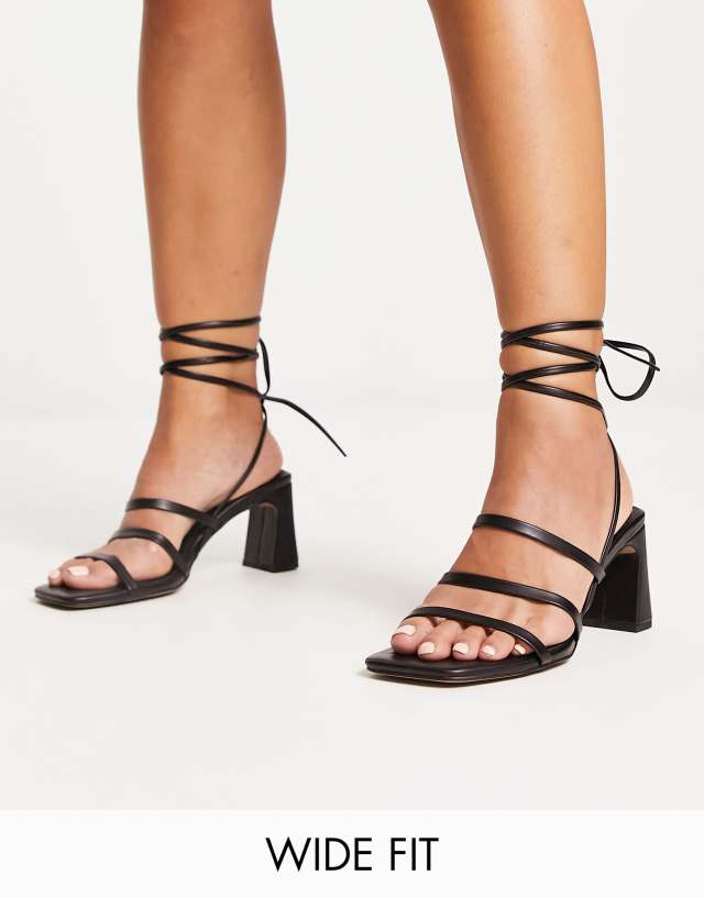 ASOS DESIGN Wide Fit Hidden strappy tie leg mid heeled sandals in black