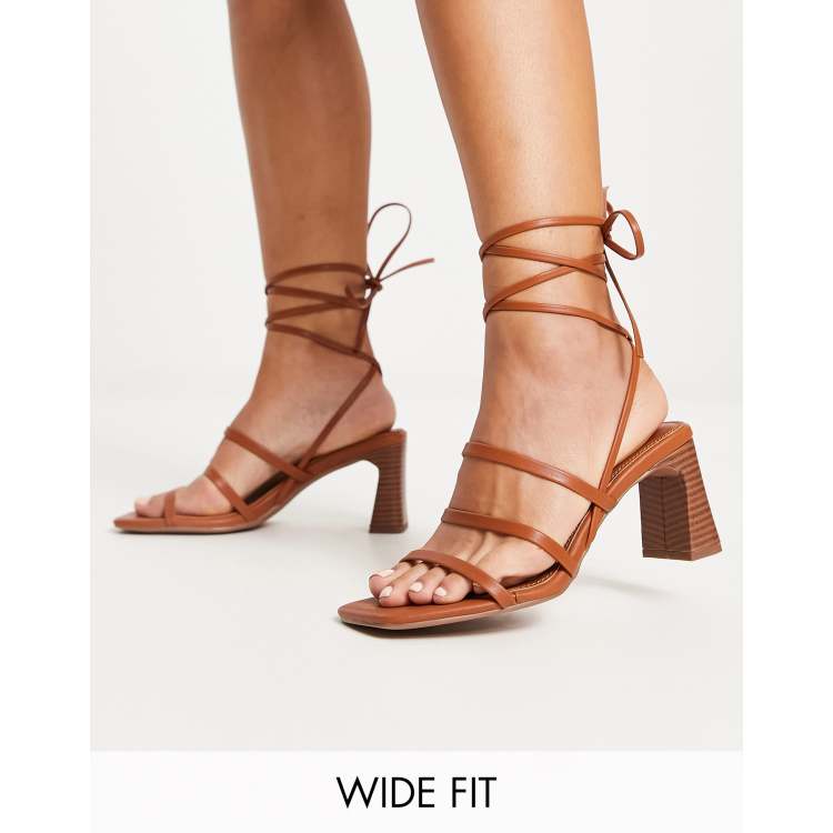 ASOS DESIGN Wide Fit Hidden strappy tie leg mid heeled sandals in tan