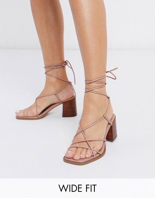 ASOS DESIGN Wide Fit Hideout block heeled minimal strap sandals in beige