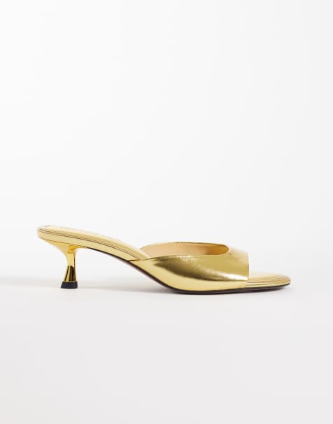 ASOS DESIGN Wide Fit - High-Five - guldfarvede mules med kitten-hæl - view 1
