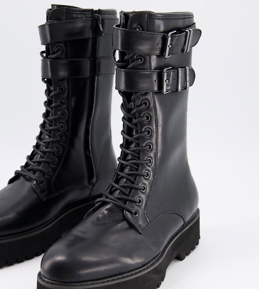 ASOS DESIGN Wide Fit high lace up boots in black faux leather with raised chunky sole and hardware details